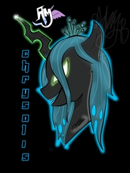 Size: 2100x2800 | Tagged: safe, artist:artdambaihaki, queen chrysalis, changeling, changeling queen, g4, bust, female, glowing eyes, high res, profile, simple background, solo, text