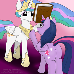 Size: 4096x4096 | Tagged: safe, artist:setup1337, princess celestia, twilight sparkle, alicorn, pony, g4, absurd resolution, book, butt, duo, frown, looking at each other, plot, raised hoof, trollestia, twilight sparkle (alicorn)