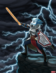 Size: 1459x1920 | Tagged: safe, artist:wwredgrave, oc, oc only, oc:snowflake, unicorn, anthro, plantigrade anthro, armor, baguette, bread, cliff, clothes, cloud, commission, crossover, dark clouds, dragon age, female, food, lightning, shield, solo