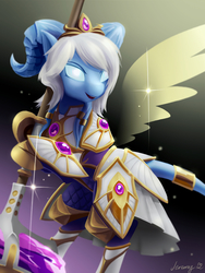 Size: 1536x2048 | Tagged: safe, artist:jeremywithlove, draenei, pony, armor, cute, glowing eyes, hammer, hammer of the naaru, heroes of the storm, mace, ponified, solo, warcraft, weapon, world of warcraft, yrel