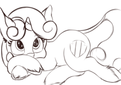 Size: 4093x2894 | Tagged: safe, artist:greed, sweetie belle, classical unicorn, pony, unicorn, g4, cloven hooves, cute, digital art, horn, leonine tail, lineart, looking at you, lying down, monochrome, sketch, unshorn fetlocks