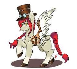 Size: 1482x1338 | Tagged: safe, artist:rizukitika, oc, oc only, pegasus, pony, clothes, female, hat, looking at you, raised hoof, simple background, solo, steampunk, white background