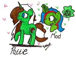 Size: 2928x2204 | Tagged: safe, oc, oc only, oc:peppermint pattie (unicorn), pony, unicorn, blue eyes, bust, cutie mark, female, fidget spinner, green fur, heart, high res, magic, mare, nervous, portrait, signature, smiling, sweat, traditional art