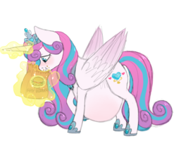 Size: 800x685 | Tagged: safe, artist:ukulelepineapplecat, princess flurry heart, pony, g4, adult, belly, burger, cravings, cute, eating, female, flurrybetes, food, hay burger, impossibly large belly, magic, mama flurry, multiple pregnancy, older, older flurry heart, pregnant, solo