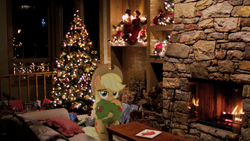 Size: 3840x2160 | Tagged: artist needed, safe, edit, applejack, g4, christmas, christmas lights, christmas stocking, christmas tree, female, fireplace, hearth's warming eve, high res, holiday, irl, photo, photoshop, tree