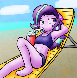 Size: 1468x1486 | Tagged: safe, artist:zutcha, starlight glimmer, equestria girls, g4, arm behind head, armpits, barefoot, beach, beach chair, beanie, belly button, chair, clothes, drink, drinking, drinking straw, feet, female, hat, reclining, solo, swimsuit, two-piece swimsuit