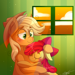 Size: 1500x1500 | Tagged: safe, artist:dddreamdraw, apple bloom, applejack, earth pony, pony, g4, blushing, cute, duo, embrace, eyes closed, family, female, floppy ears, hand on head, hug, indoors, lidded eyes, pleased, satisfied, sisters, smiling