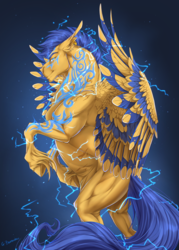 Size: 1500x2100 | Tagged: safe, artist:makkah, flash sentry, pegasus, pony, g4, awesome, buff, electricity, epic, flash hunktry, flex sentry, glowing tattoos, handsome, male, muscles, simple background, solo, stallion, storm, torn ear