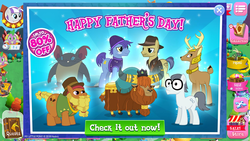 Size: 1280x720 | Tagged: safe, gameloft, baff, cattail, indiana pones, prince rutherford, silver shill, smooth vibes, spike, twilight velvet, deer, dragon, earth pony, pony, yak, g4, advertisement, earnest klugetowner, father's day, game screencap, gameloft shenanigans, indiana jones, male, stallion, unnamed character, unnamed deer, winged spike, wings
