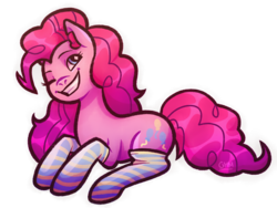 Size: 1000x750 | Tagged: safe, artist:gmm, pinkie pie, pony, g4, clothes, cute, diapinkes, ear fluff, female, grin, looking at you, one eye closed, pink, pink coat, pink mane, simple background, smiling, smiling at you, sock, socks, solo, stockings, striped socks, striped stockings, thigh highs, transparent background, wink