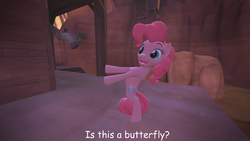 Size: 1024x576 | Tagged: safe, artist:thatonefluffs, pinkie pie, pigeon, pony, g4, 3d, bipedal, female, is this a pigeon, meme, pinkie being pinkie, solo