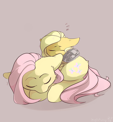 Size: 2600x2800 | Tagged: safe, artist:dogihotdogi, fluttershy, oc, oc:psychoshy, pegasus, pony, g4, duo, duo female, female, high res, mare, mother and child, mother and daughter, power hoof, simple background, sleeping, zzz