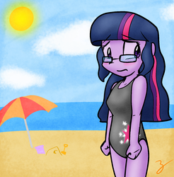 Size: 1424x1450 | Tagged: safe, artist:zutcha, sci-twi, twilight sparkle, equestria girls, beach, blushing, clothes, embarrassed, female, glasses, legs together, one-piece swimsuit, sand, sky, solo, sun, swimsuit, umbrella