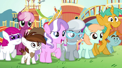 Size: 1920x1080 | Tagged: safe, screencap, cheerilee, diamond tiara, little red, peach fuzz, pipsqueak, silver spoon, snails, snips, pony, crusaders of the lost mark, g4, amazed, colt, female, filly, glasses, grass, happy, male, playground, smiling