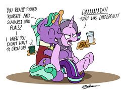 Size: 2384x1694 | Tagged: safe, artist:bobthedalek, firelight, starlight glimmer, pony, unicorn, g4, the parent map, uncommon bond, blanket, clothes, cookie, crossing the memes, dialogue, duo, father and daughter, fathers gonna father, female, food, headscarf, hug, magic, male, meme, milk, scarf, stallion, starlight glimmer is not amused, unamused