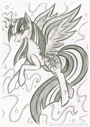 Size: 1622x2296 | Tagged: safe, artist:rossmaniteanzu, twilight sparkle, alicorn, pony, g4, female, gray background, grayscale, magic, mare, monochrome, pencil drawing, simple background, solo, spread wings, traditional art, twilight sparkle (alicorn), wings
