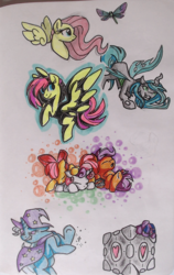 Size: 1049x1657 | Tagged: safe, artist:tuppkam1, apple bloom, fluttershy, queen chrysalis, scootaloo, sweetie belle, trixie, twilight sparkle, dragonfly, pony, g4, chibi, companion cube, cutie mark crusaders, portal (valve), sketch, sketch dump, traditional art