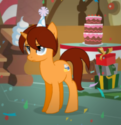Size: 545x564 | Tagged: safe, artist:darbypop1, oc, oc only, oc:cheesy weezy, pony, unicorn, cake, food, hat, male, party hat, present, solo, stallion