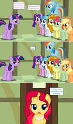 Size: 1280x2168 | Tagged: safe, artist:hakunohamikage, adagio dazzle, applejack, aria blaze, rainbow dash, sonata dusk, twilight sparkle, oc, oc:autumn shimmer, oc:garnet, alicorn, earth pony, pony, unicorn, ask-princesssparkle, g4, comic, comic sans, earth pony adagio dazzle, earth pony aria blaze, earth pony sonata dusk, equestria girls ponified, female, mare, ponified, sunset shimmer's mom, the dazzlings, twilight sparkle (alicorn)