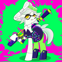 Size: 1700x1700 | Tagged: safe, artist:rdash2116108, pony, abstract background, collar, crossover, gun, marie (splatoon), ponified, solo, splatoon, weapon