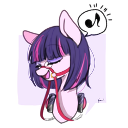 Size: 768x768 | Tagged: safe, artist:zoomiso, pony, bridle, bust, eyes closed, female, glasses, halter, headphones, japan racing association, mare, music notes, not twilight sparkle, pop team epic, pop team epic kinen, sabukaru kuso hinba, smiling, solo, tack