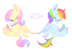 Size: 1983x1427 | Tagged: safe, artist:1drfl_world_end, fluttershy, rainbow dash, pegasus, pony, g4, female, heart, lesbian, mare, one eye closed, ship:flutterdash, shipping, simple background, white background, wink