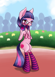 Size: 1240x1754 | Tagged: safe, artist:psaxophone, pony, semi-anthro, belly button, clothes, cute, female, glasses, halter, japan racing association, looking at you, mare, not twilight sparkle, pop team epic, pop team epic kinen, reins, sabukaru kuso hinba, smiling, socks, solo, standing, striped socks, tack
