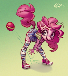 Size: 1600x1774 | Tagged: safe, artist:holivi, pinkie pie, earth pony, anthro, plantigrade anthro, g4, ball, clothes, converse, cute, diapinkes, female, gradient background, kneesocks, mare, pleated skirt, shoes, skirt, skirt lift, sneakers, socks, solo, striped socks, suspenders, thigh highs, zettai ryouiki