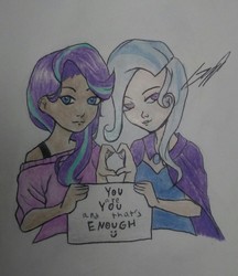 Size: 1205x1396 | Tagged: safe, artist:jedidiirix, starlight glimmer, trixie, human, g4, clothes, female, humanized, lesbian, positive message, positive ponies, ship:startrix, shipping, sign, sweater, traditional art