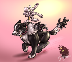 Size: 1400x1200 | Tagged: safe, artist:cyrilunicorn, big mama, pom (tfh), dog, lamb, sheep, them's fightin' herds, bared teeth, community related, female, group, pink background, puppy, running, screaming, simple background
