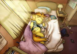 Size: 1920x1362 | Tagged: safe, artist:captainhoers, spitfire, oc, oc:concorde, pony, firestarter spitfire, g4, baby, baby pony, bed, book, clock radio, crepuscular rays, cuddling, cute, daaaaaaaaaaaw, female, filly, foal, morning, mother and daughter, offspring, onesie, pacifier, parent:soarin', parent:spitfire, parents:soarinfire, sleeping