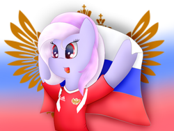 Size: 1000x750 | Tagged: safe, artist:berryveloce, oc, oc only, earth pony, pony, clothes, female, football, mare, russia, shirt, solo, sports, t-shirt, world cup