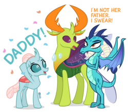 Size: 1000x875 | Tagged: safe, artist:dm29, ocellus, princess ember, thorax, changedling, changeling, dragon, g4, confetti, crossed arms, dragoness, father's day, female, implied embrax, implied father and daughter, king thorax, male, papa thorax, simple background, transparent background, trio, trocellus