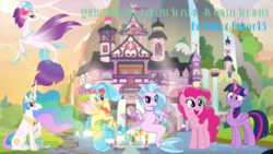 Size: 1280x720 | Tagged: dead source, safe, artist:huntercwalls, pinkie pie, princess celestia, princess skystar, queen novo, silverstream, twilight sparkle, alicorn, seapony (g4), fanfic:queen novo and princess skystar as guest speakers, g4, my little pony: the movie, fanfic, fanfic art, fanfic cover, fimfiction, school of friendship, seapony silverstream, twilight sparkle (alicorn)