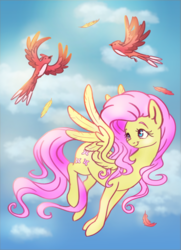 Size: 1191x1648 | Tagged: safe, artist:eternalsubscriber, fluttershy, bird, pegasus, pony, g4, cloud, cute, feather, female, flying, mare, shyabetes, sky, smiling, spread wings, turned head, wings