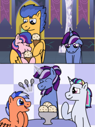 Size: 1537x2048 | Tagged: safe, artist:kindheart525, flash sentry, oc, oc:dusk star, oc:galaxy guard, oc:moonbow, oc:orange soda, pegasus, pony, unicorn, kindverse, g4, digital art, father and daughter, father and son, female, food, ice cream, magical gay spawn, male, next generation, offspring, offspring's offspring, parent:flash sentry, parent:oc:dusk star, parent:oc:firework, parent:silver script, parent:twilight sparkle, parents:flashlight, parents:twiscript