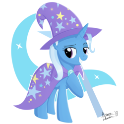Size: 3000x3000 | Tagged: safe, artist:arcane-thunder, trixie, pony, unicorn, g4, cape, clothes, cutie mark, digital art, female, hat, high res, looking at you, mare, signature, simple background, smiling, solo, trixie's cape, trixie's hat, white background