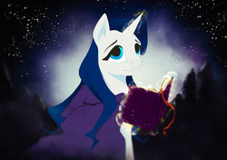 Size: 2480x1748 | Tagged: safe, artist:alicebluefeather, oc, oc only, pony, unicorn, book, cape, clothes, dark, female, glowing horn, horn, looking up, magic, sky, solo, stars