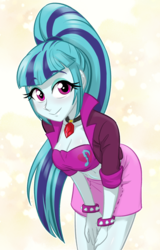 Size: 550x860 | Tagged: safe, artist:ta-na, sonata dusk, equestria girls, g4, my little pony equestria girls: rainbow rocks, belly button, breasts, busty sonata dusk, cleavage, clothes, cute, female, gem, looking at you, midriff, moe, ponytail, simple background, siren gem, skirt, smiling, solo, sonatabetes, white background