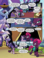 Size: 768x1024 | Tagged: safe, artist:andypriceart, idw, official comic, tempest shadow, twilight sparkle, alicorn, pony, unicorn, g4, spoiler:comic, spoiler:comic67, broken horn, comic, crystal, duo, eye scar, female, horn, mare, preview, scar, speech bubble, tempest's tale, twilight sparkle (alicorn), twilight's castle