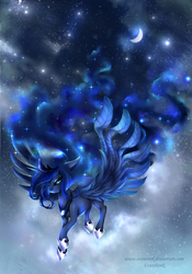 Size: 3000x4286 | Tagged: safe, artist:evanrank, princess luna, alicorn, pony, g4, ethereal mane, female, flying, moon, night, solo, spread wings, stars, wings