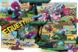 Size: 1536x1024 | Tagged: safe, artist:andypriceart, idw, official comic, applejack, big macintosh, braeburn, bramble, chief thunderhooves, derpy hooves, king aspen, observer (g4), pinkie pie, sweetie belle, tempest shadow, bison, buffalo, deer, earth pony, pony, unicorn, g4, spoiler:comic, spoiler:comic67, appleloosa, background pony, barn, blues brothers, broken horn, car, car chase, chicoltgo, comic, dan aykroyd, eye scar, female, horn, horseolulu, john belushi, magnum p.i., male, mare, montage, new horseleans, party cannon, police car, ponyville, preview, scar, speech bubble, stallion, sweet apple acres, tempest's tale, tom selleck, unnamed character, unnamed pony