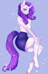 Size: 2624x4063 | Tagged: safe, artist:fernybee, rarity, unicorn, anthro, unguligrade anthro, g4, beautiful, clothes, digital art, female, heart eyes, legs, mare, miniskirt, simple background, skirt, sleeveless shirt, solo, thighs, wingding eyes