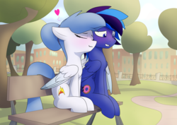 Size: 4093x2894 | Tagged: safe, artist:renderpoint, derpibooru exclusive, oc, oc only, oc:mint streak, oc:night shadow, pegasus, pony, bench, blushing, cute, duo, eyes closed, female, happy, heart, love, male, mare, outdoors, park, shipping, sitting, smiling, snuggling, stallion, straight, tree