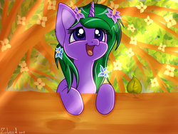 Size: 1600x1200 | Tagged: safe, artist:zobaloba, oc, oc only, oc:spring flower, pony, unicorn, :3, crepuscular rays, cute, female, flower, flower in hair, happy, leaf, leaning, looking up, mare, nature, ocbetes, open mouth, smiling, solo, tree, ych example, ych result