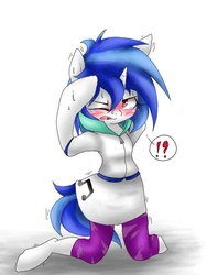 Size: 480x640 | Tagged: safe, artist:azurepicker, dj pon-3, vinyl scratch, unicorn, equestria girls, g4, blushing, clothes, equestria girls outfit, exclamation point, female, human to pony, interrobang, one eye closed, question mark, solo, transformation