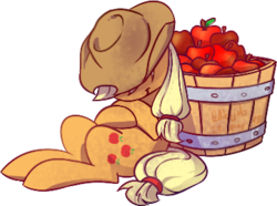 Size: 361x269 | Tagged: safe, artist:habijob, applejack, earth pony, pony, g4, apple, basket, cowboy hat, female, food, hat, mare, simple background, sleeping, solo, transparent background