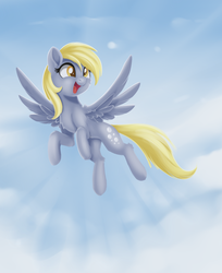 Size: 1094x1343 | Tagged: safe, artist:dusthiel, derpy hooves, pegasus, pony, g4, cloud, crepuscular rays, cute, derpabetes, female, mare, open mouth, sky, smiling, solo