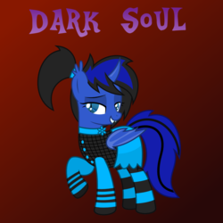 Size: 1080x1080 | Tagged: safe, artist:tacobender, oc, oc only, bat pony, changeling, pony, bat eyes, bat pony oc, black hair, blue and black, blue hair, changeling oc, clothes, commission, dark soul, female, mare, missing cutie mark, name, ponytail, simple background, solo, vector