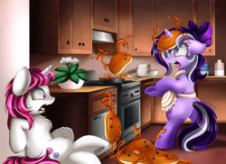 Size: 3509x2550 | Tagged: safe, artist:pridark, oc, oc only, oc:scarlet melody, oc:scarlet notes, unnamed oc, pony, unicorn, apron, bipedal, chest fluff, clothes, commission, flower, food, funny, high res, monster, open mouth, pancakes, pot, stove, syrup, underhoof, what has magic done, what has science done